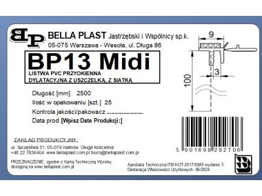 Zdjęcie: Listwa PVC BP13 Midi L250 9/3 biały, dylatacyjna, z siatką i z uszczelką BELLA PLAST