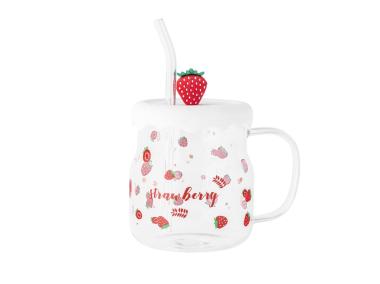 Zdjęcie: Kubek szklany z silikonową pokrywką i szklaną słomką 600 ml dekoracja truskawka ALTOM DESIGN