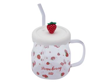 Zdjęcie: Kubek szklany z silikonową pokrywką i szklaną słomką 600 ml dekoracja truskawka ALTOM DESIGN
