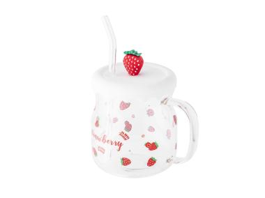 Zdjęcie: Kubek szklany z silikonową pokrywką i szklaną słomką 600 ml dekoracja truskawka ALTOM DESIGN