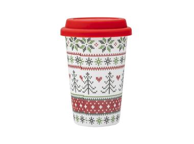 Zdjęcie: Kubek stożek wysoki 390 ml z silikonową pokrywką dekoracja scandi red ALTOM DESIGN