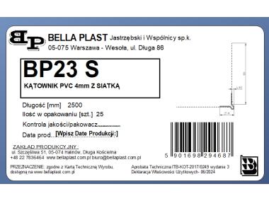 Zdjęcie: Kątownik PVC z grzbietem 4 mm z siatką BP23 S L250 biała BELLA PLAST