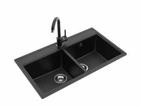 Zlewozmywak granitowy Metro 2-komorowy grafitowy 76x44x19,5 cm syfon manualny, bateria U MILÓ
